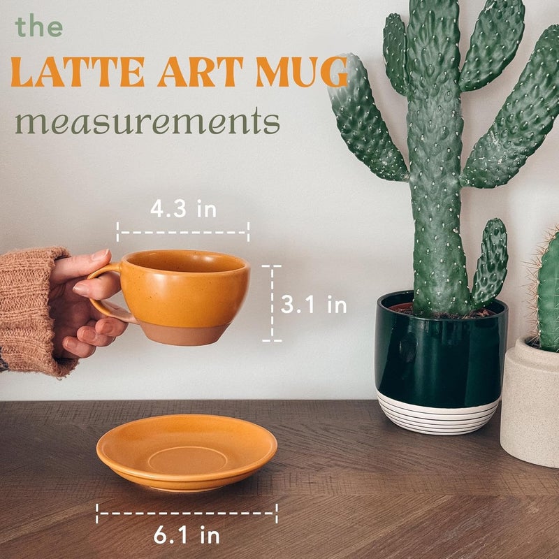 Mora Ceramic Latte Art Mug With Saucer  105 oz Round Bottom For Perfect Pours  Cafe Cups for Cappuccino Espresso Coffee Tea etc  Porcelain Set for Baristas Great Gift  Pumpkin Orange - Image 2