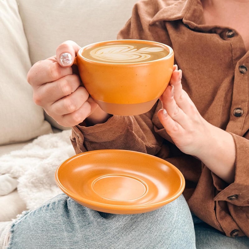 Mora Ceramic Latte Art Mug With Saucer  105 oz Round Bottom For Perfect Pours  Cafe Cups for Cappuccino Espresso Coffee Tea etc  Porcelain Set for Baristas Great Gift  Pumpkin Orange - Image 5