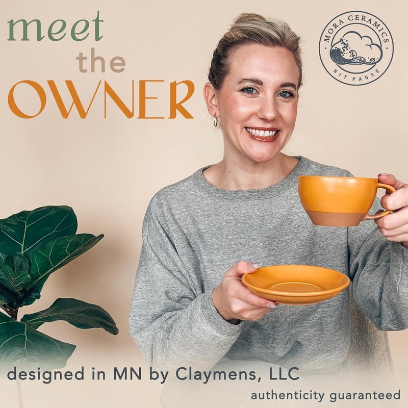 Mora Ceramic Latte Art Mug With Saucer  105 oz Round Bottom For Perfect Pours  Cafe Cups for Cappuccino Espresso Coffee Tea etc  Porcelain Set for Baristas Great Gift  Pumpkin Orange - Image 3