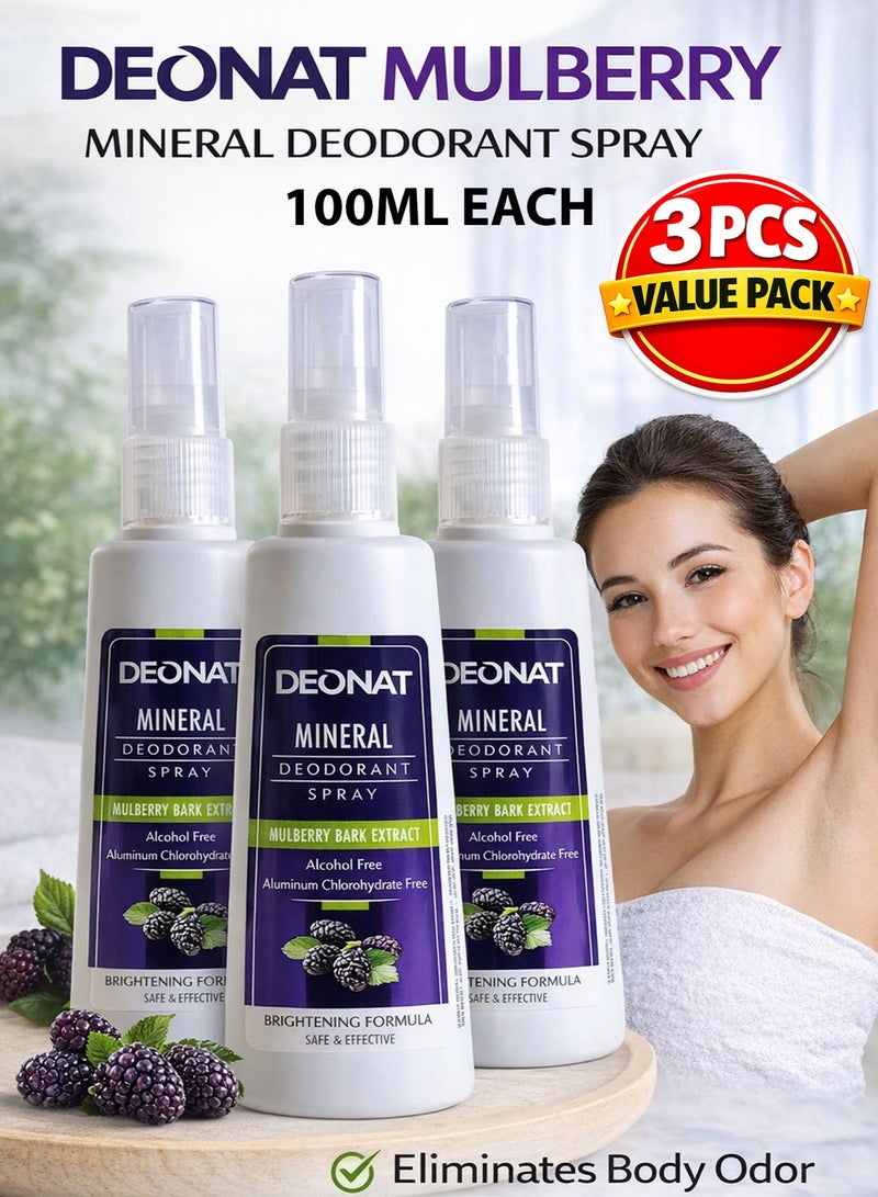 DEONAT Pack of 3 DEONAT Mulberry Mineral Deodorant Spray 100ml Natural Mineral Deodorant Alcohol Free Underarm Brightening Formula Long Lasting Freshness Non Sticky Non Staining Spray for Men & Women - Image 1