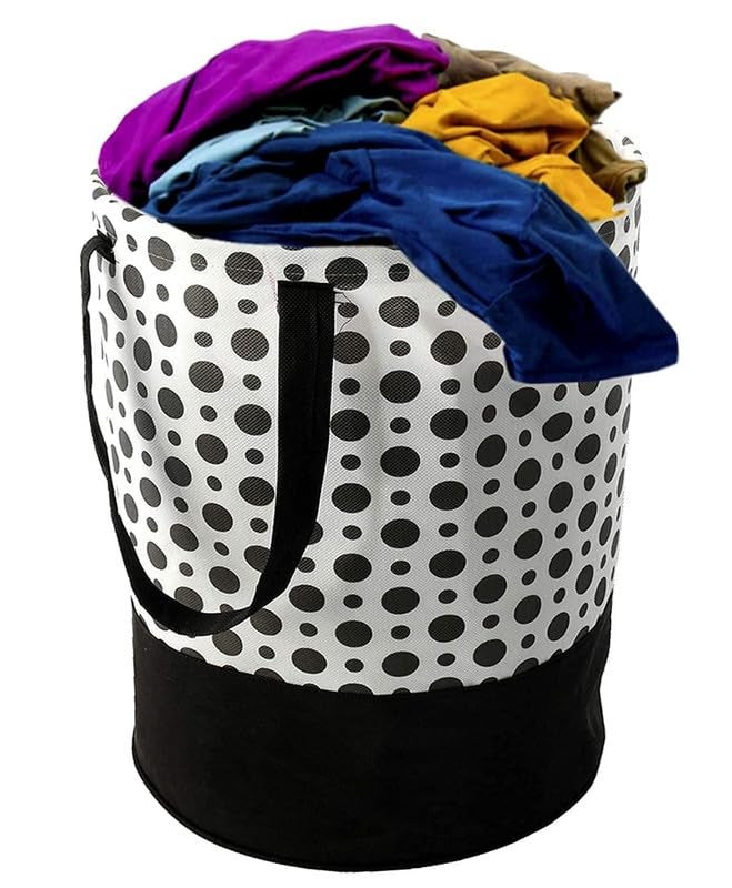 STORE MORE Round Canvas Black White Polka Dot 45 L Laundry BagHamper Durable Collapsible Laundry Storage Basket for Dirty Clothes Foldable Bin with Side Handle for Clothes Toy Storage Pack of 1 - Image 2