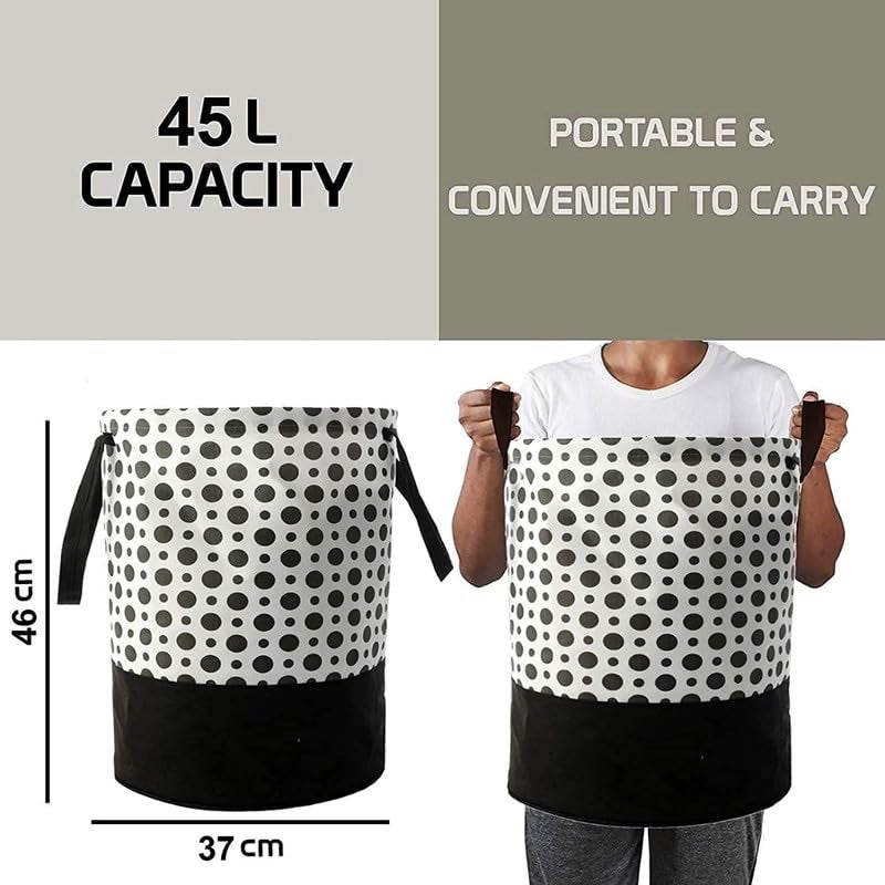 STORE MORE Round Canvas Black White Polka Dot 45 L Laundry BagHamper Durable Collapsible Laundry Storage Basket for Dirty Clothes Foldable Bin with Side Handle for Clothes Toy Storage Pack of 1 - Image 4