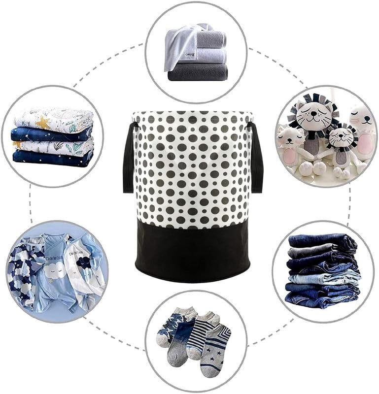 STORE MORE Round Canvas Black White Polka Dot 45 L Laundry BagHamper Durable Collapsible Laundry Storage Basket for Dirty Clothes Foldable Bin with Side Handle for Clothes Toy Storage Pack of 1 - Image 5