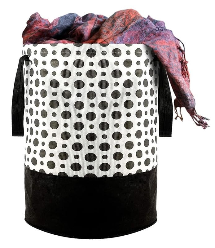 STORE MORE Round Canvas Black White Polka Dot 45 L Laundry BagHamper Durable Collapsible Laundry Storage Basket for Dirty Clothes Foldable Bin with Side Handle for Clothes Toy Storage Pack of 1 - Image 1