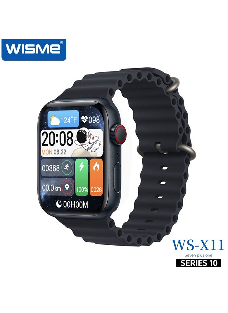 ويزمي - ساعة Wisme WS-X11 Series 10 الذكية مع مساعدة صوتية AI و7 أزواج من الأشرطة وكابل شحن مصمم للسيدات والرجال باللون الأسود - Image 1
