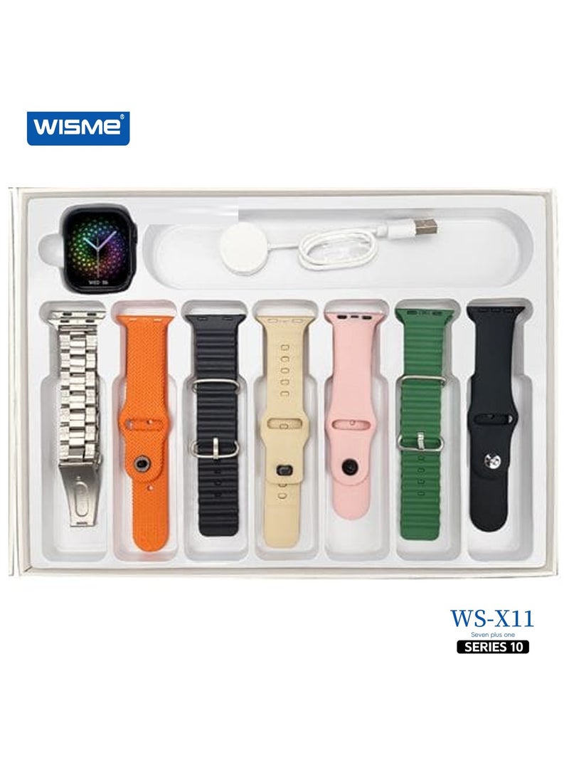 ويزمي - ساعة Wisme WS-X11 Series 10 الذكية مع مساعدة صوتية AI و7 أزواج من الأشرطة وكابل شحن مصمم للسيدات والرجال باللون الأسود - Image 1