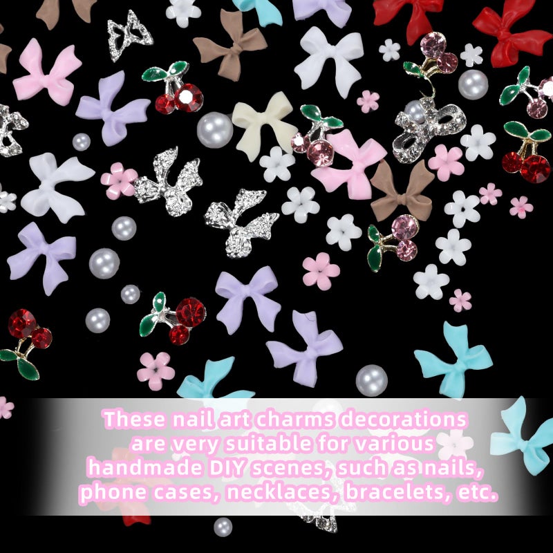 Uotey 3D Bows Nail Charms, Pink Color White Red Black Bows Flowers Pearls Nail Charms, Mixed Color Nail Charms Butterfly Cherry Alloy Silver Nail Art Gems Charms for Nail Art Decor Accessories DIY - Image 3