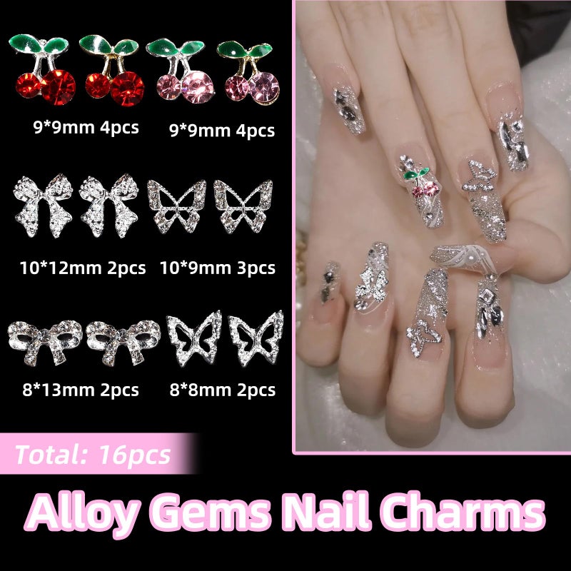 Uotey 3D Bows Nail Charms, Pink Color White Red Black Bows Flowers Pearls Nail Charms, Mixed Color Nail Charms Butterfly Cherry Alloy Silver Nail Art Gems Charms for Nail Art Decor Accessories DIY - Image 4