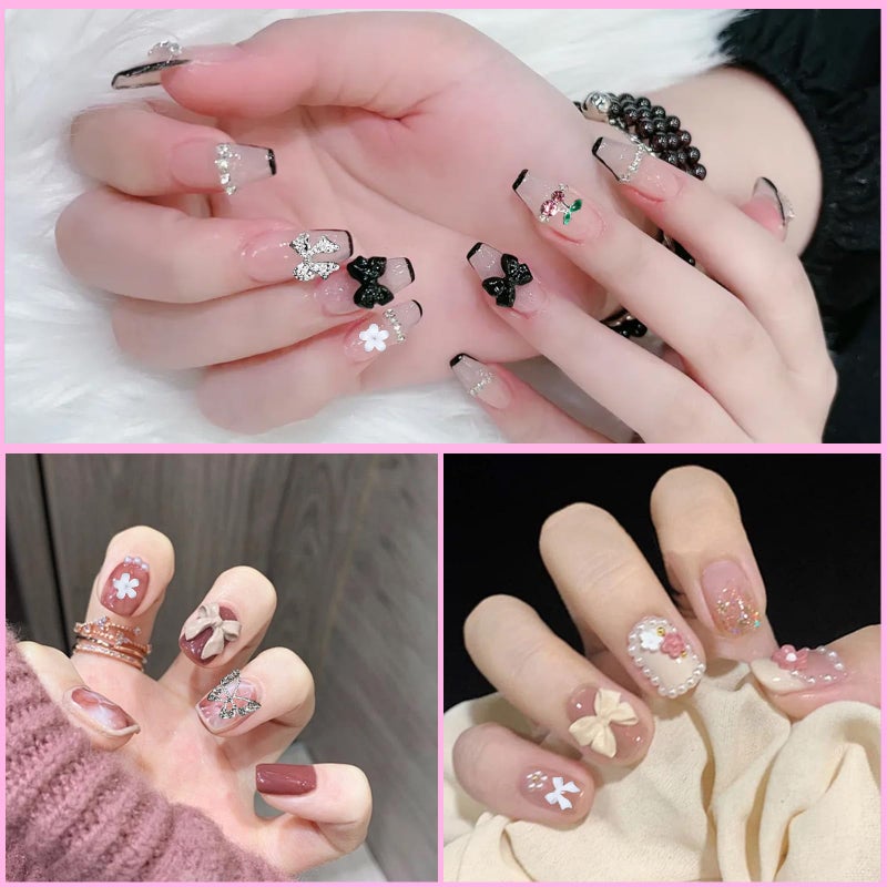 Uotey 3D Bows Nail Charms, Pink Color White Red Black Bows Flowers Pearls Nail Charms, Mixed Color Nail Charms Butterfly Cherry Alloy Silver Nail Art Gems Charms for Nail Art Decor Accessories DIY - Image 5