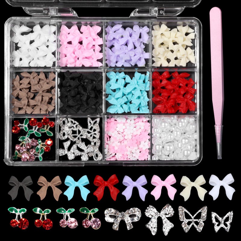 Uotey 3D Bows Nail Charms, Pink Color White Red Black Bows Flowers Pearls Nail Charms, Mixed Color Nail Charms Butterfly Cherry Alloy Silver Nail Art Gems Charms for Nail Art Decor Accessories DIY - Image 1