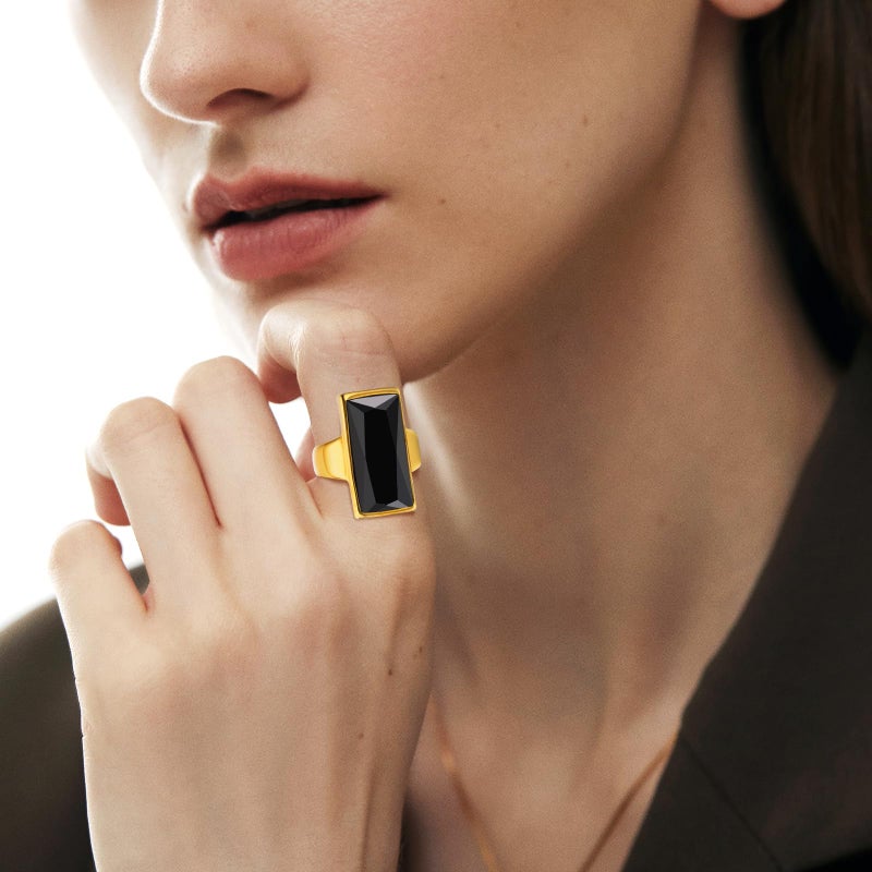 VNOX Vintage Fashion Stainless Steel Gold Plated Rectangular Black Glass Crystal Cocktail Statement Onyx Ring for Women,Antique Women Jewelry Gift,Size 8 - Image 2