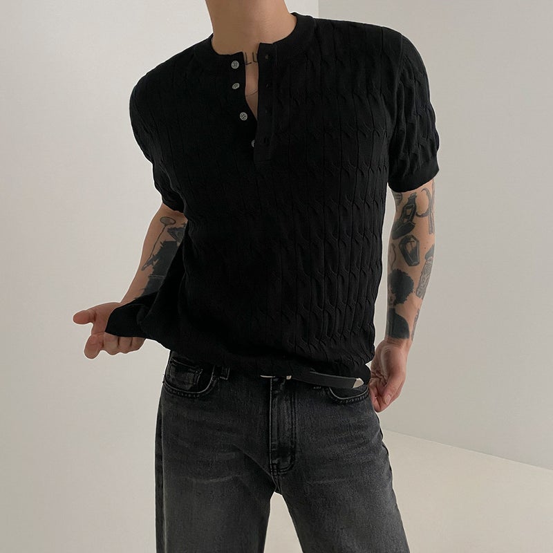 Henry Collar Knitted T-Shirt Men'S Short-Sleeved Summer Thin Twist Design Korean Fashionable Loose - Image 3