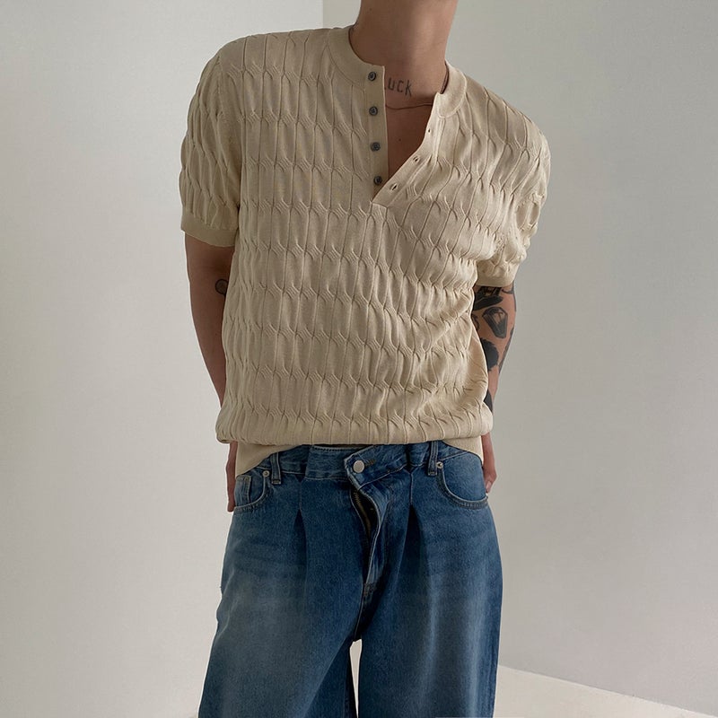 Henry Collar Knitted T-Shirt Men'S Short-Sleeved Summer Thin Twist Design Korean Fashionable Loose - Image 1