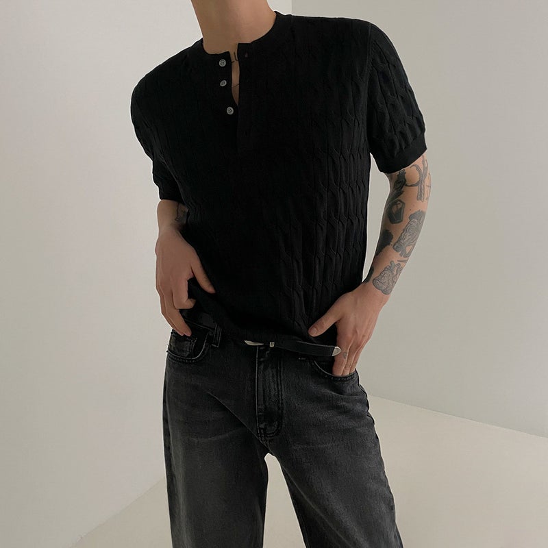 Henry Collar Knitted T-Shirt Men'S Short-Sleeved Summer Thin Twist Design Korean Fashionable Loose - Image 4