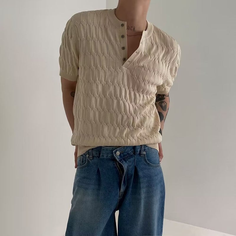 Henry Collar Knitted T-Shirt Men'S Short-Sleeved Summer Thin Twist Design Korean Fashionable Loose - Image 2