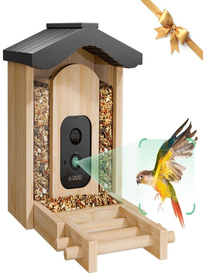 VISIOGEAR Bird Feeder with Camera, Smart Bird Feeder for Outdoors, Wild Birds Feeders with Solar Panel Bamboo Birds House Camera for Birdlovers, AI Auto Capture Birds & Real-time Notification (Gable) - Image 1