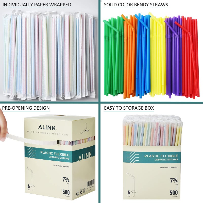 ALINK 500 Count Colorful Plastic Flexible Drinking Straws  Individually Wrapped Plastic Disposable Bendy Party Straws - 7.75"" x 0.23"" - Image 2