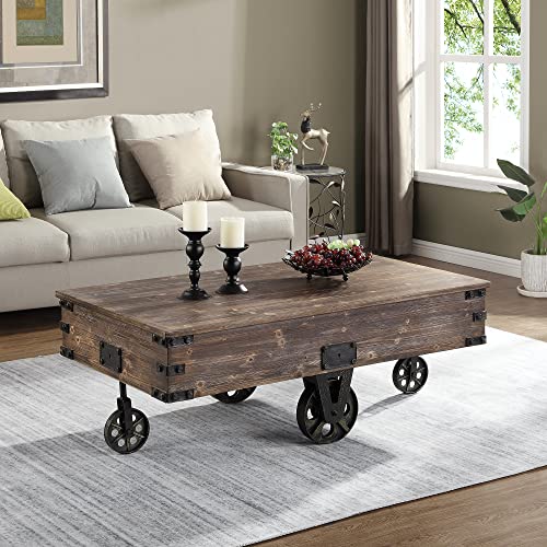 FirsTime  Co Brown Factory Cart Coffee Table Vintage Center Table with Wheels for Living Room Rectangular Wood Farmhouse 4725 Inches Rustic EspressoAntique Black
