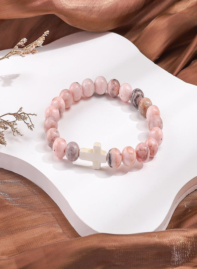BABORI Gifts for Friend Christian Religious Gifts Cross Bracelet for Women Beads Bracelets Pink Nature Beads - Image 4