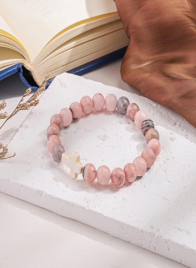 BABORI Gifts for Friend Christian Religious Gifts Cross Bracelet for Women Beads Bracelets Pink Nature Beads - Image 5