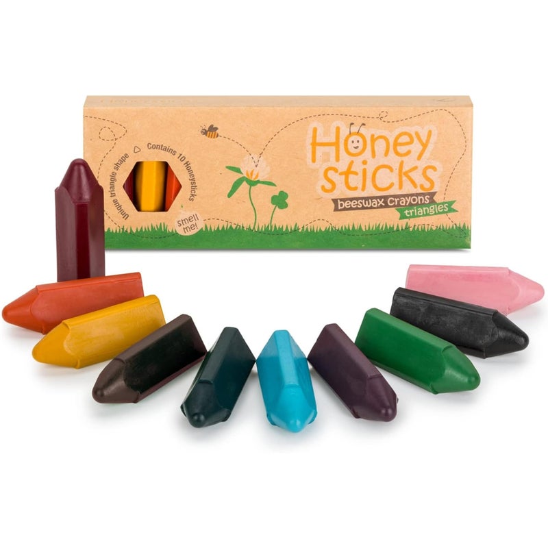 Honeysticks Triangular Crayons (10 Pack) - 100% Pure Beeswax, Food Grade Colors, Non Toxic Crayons for Baby, Toddlers ages 1-3,2-4, Triangle Shape for Pencil Grip Development. Handmade in New Zealand - Image 1