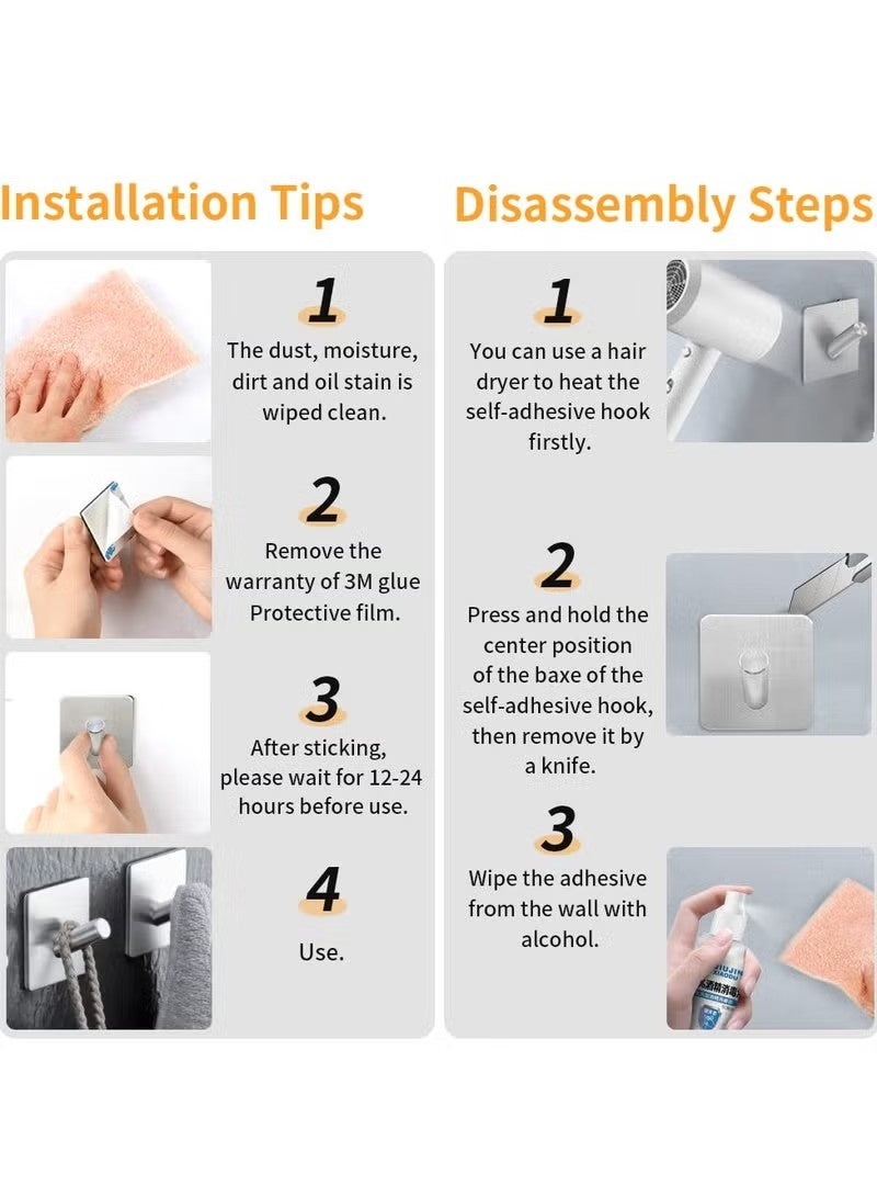 Beauenty Wall Hooks Heavy Duty Self Adhesive 304 Stainless Steel Traceless NO Nails-Anti-Rust Waterproof Hook for Bathroom, Kitchen, Hanging, Coat Robe, Towel, Key - Silver (7 Pack) - Image 3