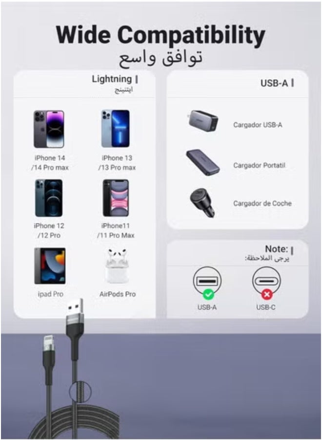 بروماس شاحن كار بلاي كيبل شحن سريع مضفر من بروماس بطول 3 متر معتمد, منفذ USB A الى لايتنيج متوافق مع هواتف ايفون 14 برو/ 14 برو ماكس/ 14/ 14 بلس/13/12/11/X/8/7 - Image 2