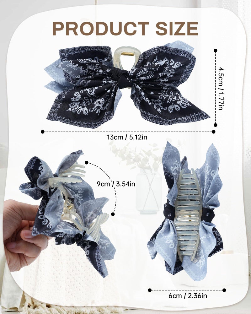 Mesovor 2 Pack Bow Claw Clips Chiffon Cloth Butterfly Hairclips, Nonslip 5.1" Large Paisley Hair clips for Thin and Thick | Plastic Strong Hold Hair Jaw Clamps (White Cashew, Black Cashew) - Image 2