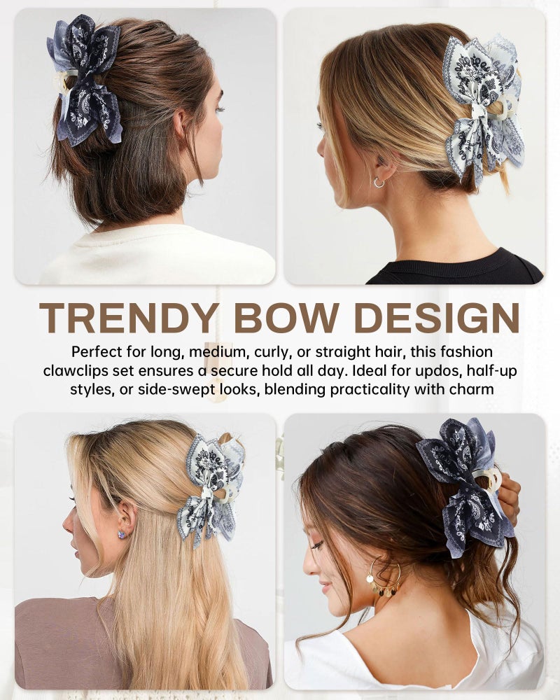 Mesovor 2 Pack Bow Claw Clips Chiffon Cloth Butterfly Hairclips, Nonslip 5.1" Large Paisley Hair clips for Thin and Thick | Plastic Strong Hold Hair Jaw Clamps (White Cashew, Black Cashew) - Image 5