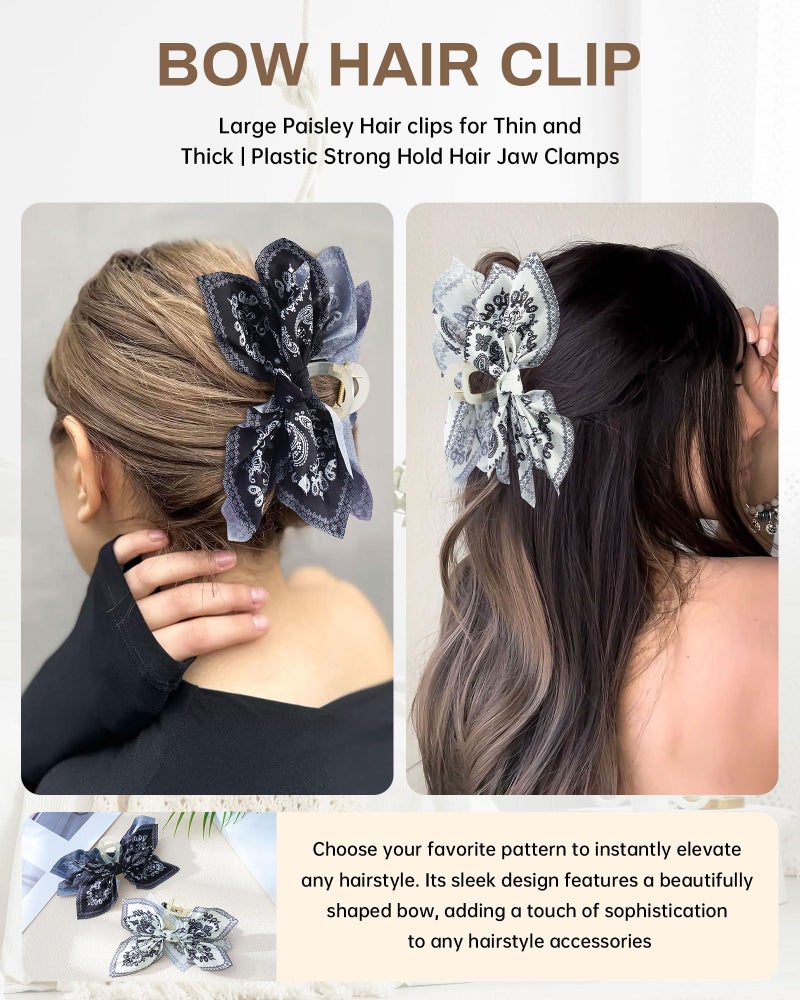 Mesovor 2 Pack Bow Claw Clips Chiffon Cloth Butterfly Hairclips, Nonslip 5.1" Large Paisley Hair clips for Thin and Thick | Plastic Strong Hold Hair Jaw Clamps (White Cashew, Black Cashew) - Image 4