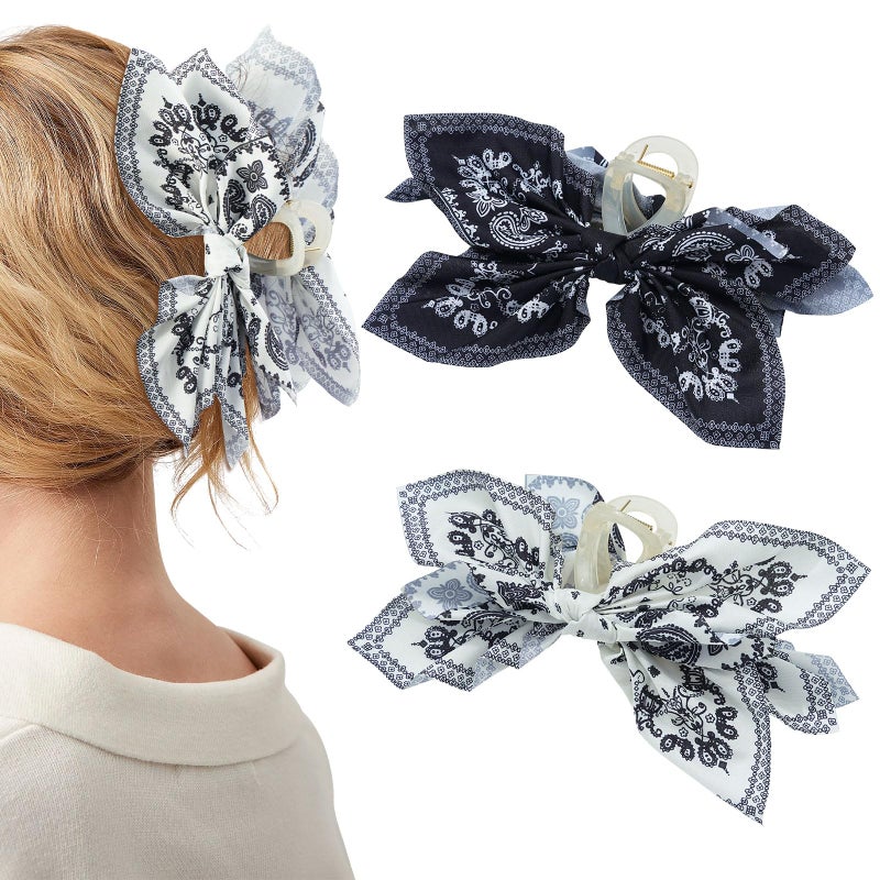 Mesovor 2 Pack Bow Claw Clips Chiffon Cloth Butterfly Hairclips, Nonslip 5.1" Large Paisley Hair clips for Thin and Thick | Plastic Strong Hold Hair Jaw Clamps (White Cashew, Black Cashew) - Image 1