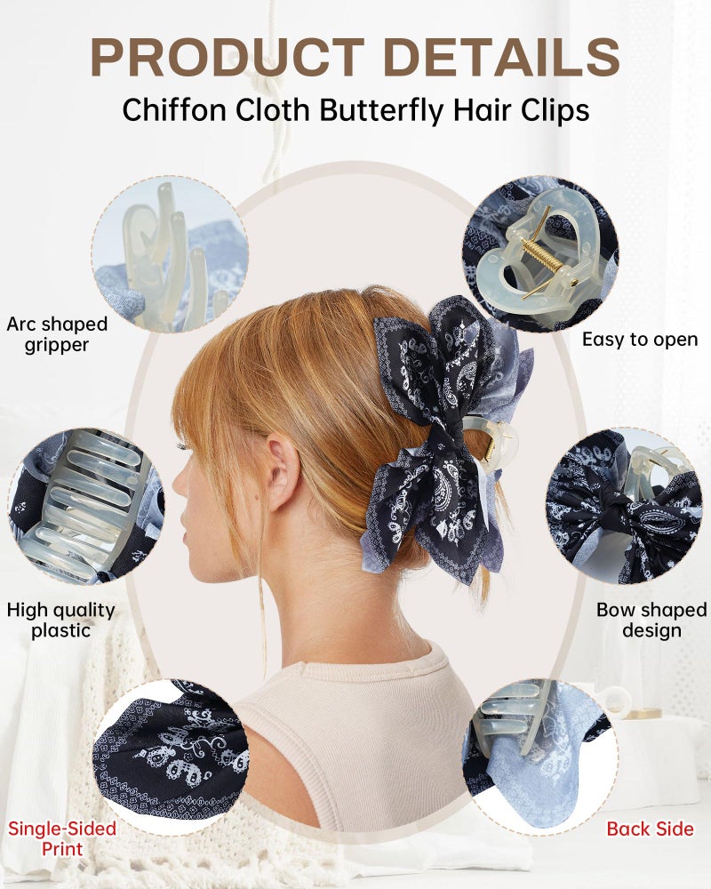 Mesovor 2 Pack Bow Claw Clips Chiffon Cloth Butterfly Hairclips, Nonslip 5.1" Large Paisley Hair clips for Thin and Thick | Plastic Strong Hold Hair Jaw Clamps (White Cashew, Black Cashew) - Image 3