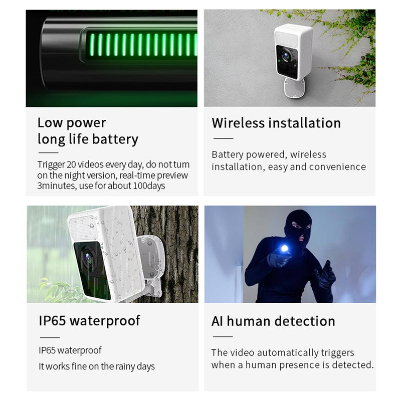 2K Wireless Home Security Camera - IP65 Waterproof PIR Human Detection Enhanced Infrared Night Vision 95° Wide Angle 9200mAh Battery Powered White Camera for Indoor Outdoor Home Monitoring - Image 5