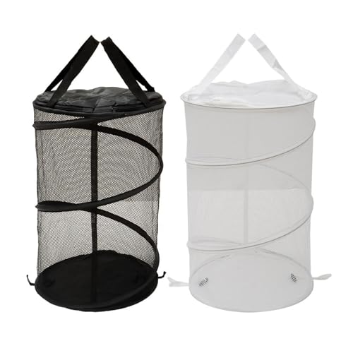 hobbyme 2PCS Large Collapsible Round Popup Laundry Hamper with Lid,Foldable Mesh Hamper with Reinforced Handles and Solid Bottom,White and Black Laundry Basket - Image 1