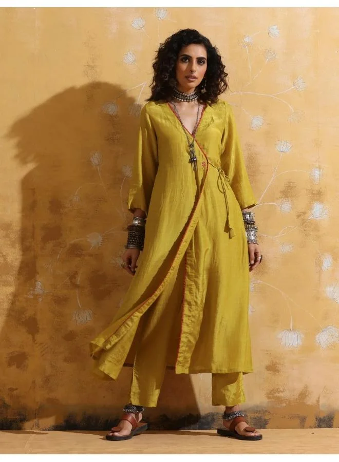 ترو برونز trueBrowns Lime Muslin Silk Angrakha Kurta Pant Set