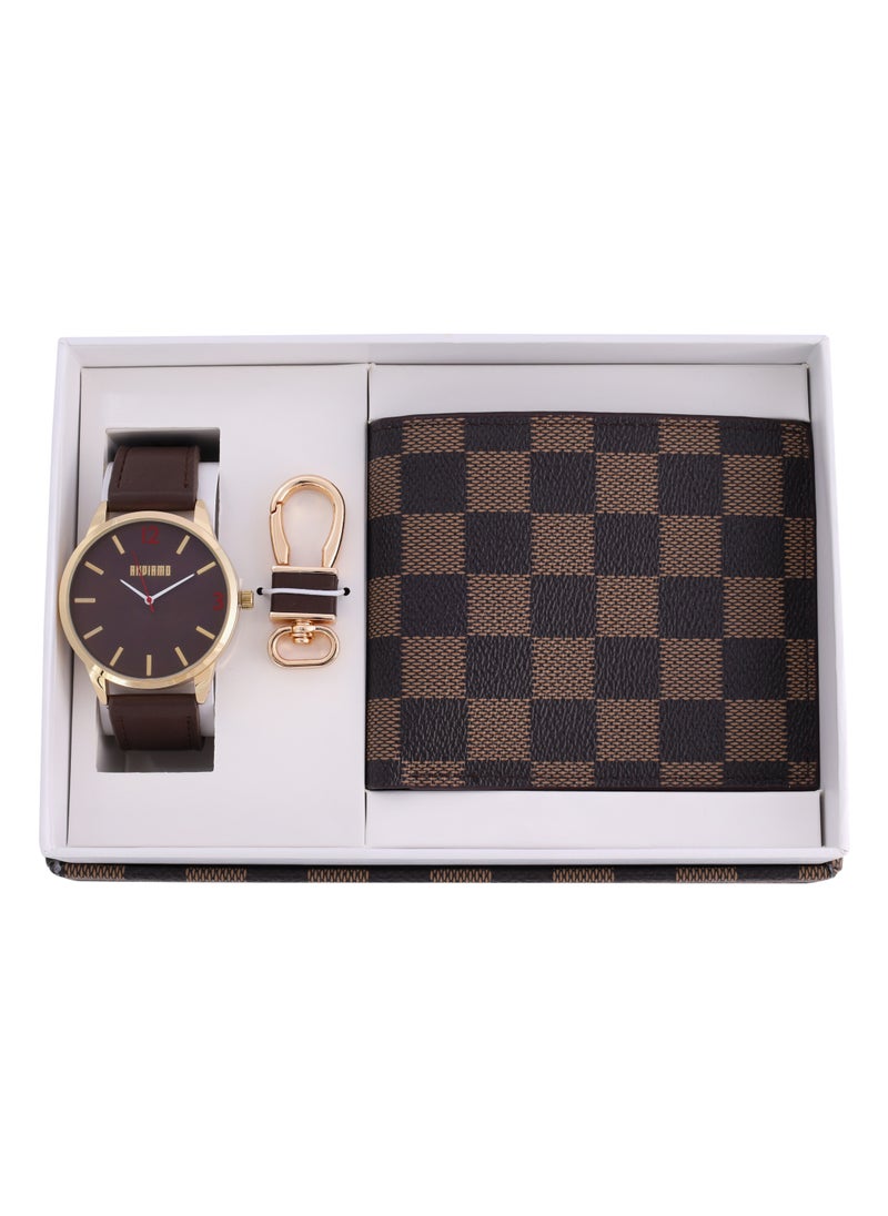 ANDIAMO Men's Analog Gold Case Brown Dial Brown Leather Strap, Leather Wallet, Key Chain 