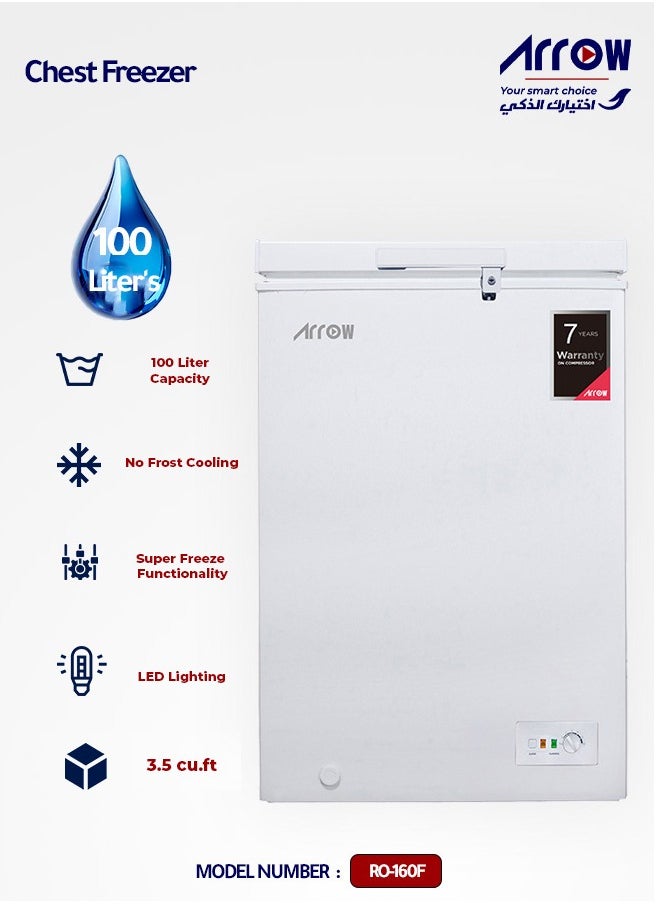 Arrow - 100L 3.5 Cu.Ft Chest Freezer with Energy Saving, Super Freeze, Electronic Temperature Control, Manual Defrost, Recessed External Handle, Wheels, White Finish | Model No: RO-160F - Image 1