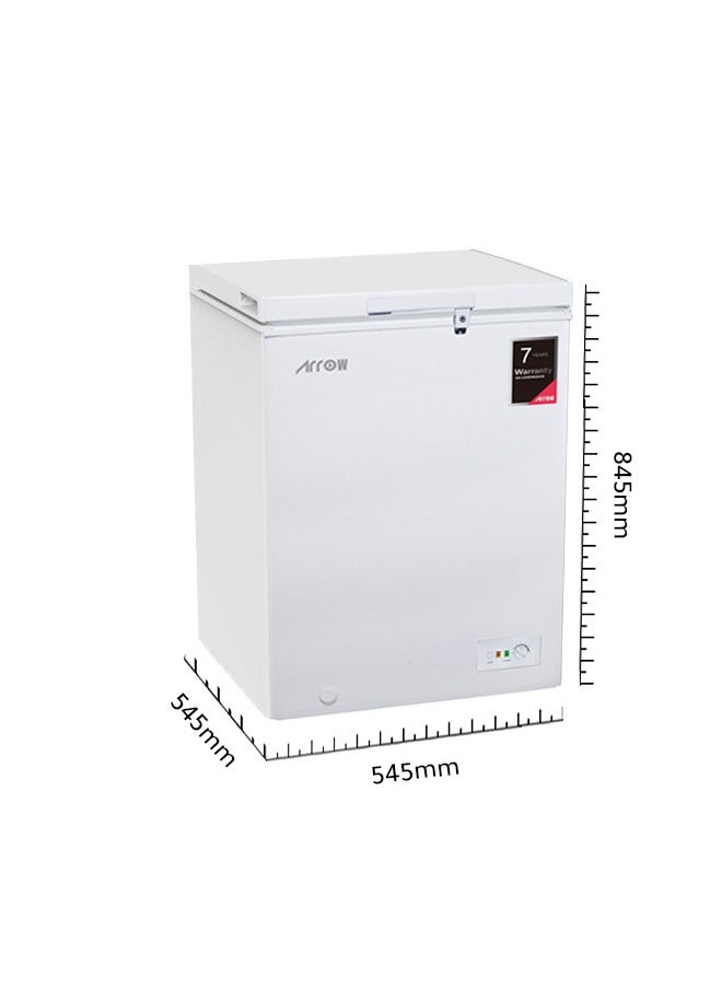 Arrow - 100L 3.5 Cu.Ft Chest Freezer with Energy Saving, Super Freeze, Electronic Temperature Control, Manual Defrost, Recessed External Handle, Wheels, White Finish | Model No: RO-160F - Image 1