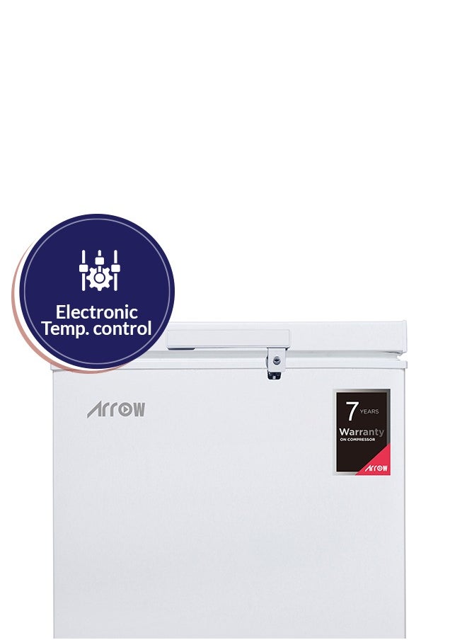 Arrow - 100L 3.5 Cu.Ft Chest Freezer with Energy Saving, Super Freeze, Electronic Temperature Control, Manual Defrost, Recessed External Handle, Wheels, White Finish | Model No: RO-160F - Image 1