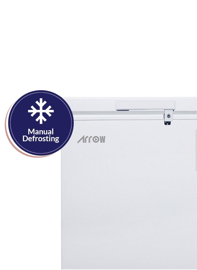 Arrow - 100L 3.5 Cu.Ft Chest Freezer with Energy Saving, Super Freeze, Electronic Temperature Control, Manual Defrost, Recessed External Handle, Wheels, White Finish | Model No: RO-160F - Image 1