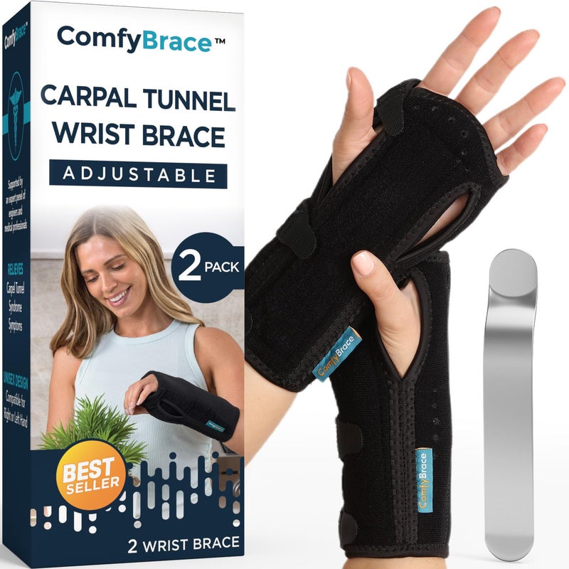 Carpal Tunnel Wrist Brace Pack of 2 with Splint and Palm Cushion Adjustable and Fits Both Hands for Support Carpal Tunnel Tendonitis Wrist Injury and Pain
