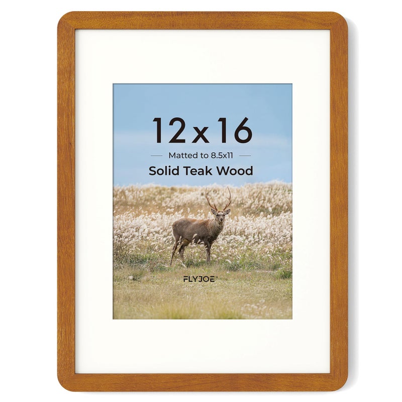 FLYJOE 12x16 Picture Frame - Solid Teak Wood 12x16 Poster Frame, 12''x16'' Picture Frame With Mat For 8.5x11, Tempered Glass and Hanging Hardware Included, 16 By 12 Frame Wood, Natural Teak - Image 1
