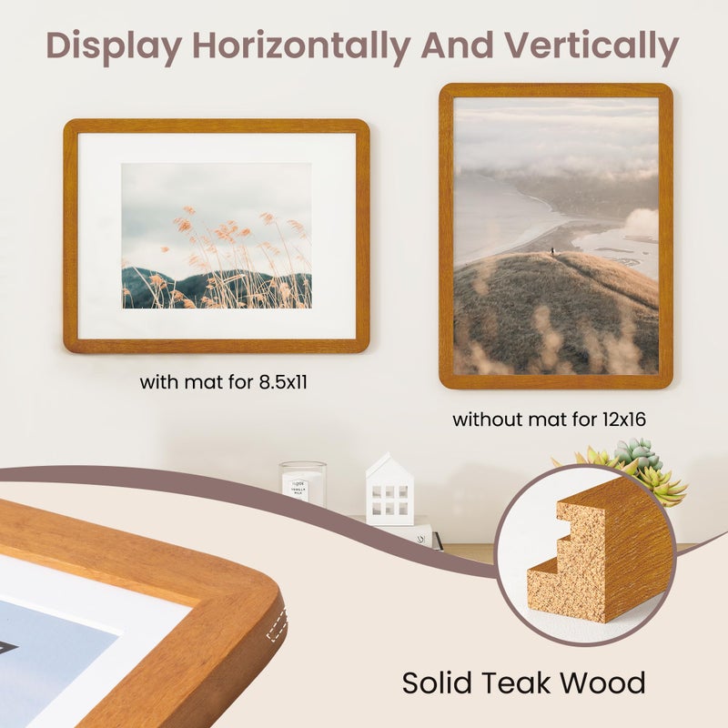 FLYJOE 12x16 Picture Frame - Solid Teak Wood 12x16 Poster Frame, 12''x16'' Picture Frame With Mat For 8.5x11, Tempered Glass and Hanging Hardware Included, 16 By 12 Frame Wood, Natural Teak - Image 4