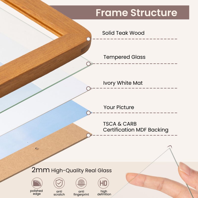 FLYJOE 12x16 Picture Frame - Solid Teak Wood 12x16 Poster Frame, 12''x16'' Picture Frame With Mat For 8.5x11, Tempered Glass and Hanging Hardware Included, 16 By 12 Frame Wood, Natural Teak - Image 5