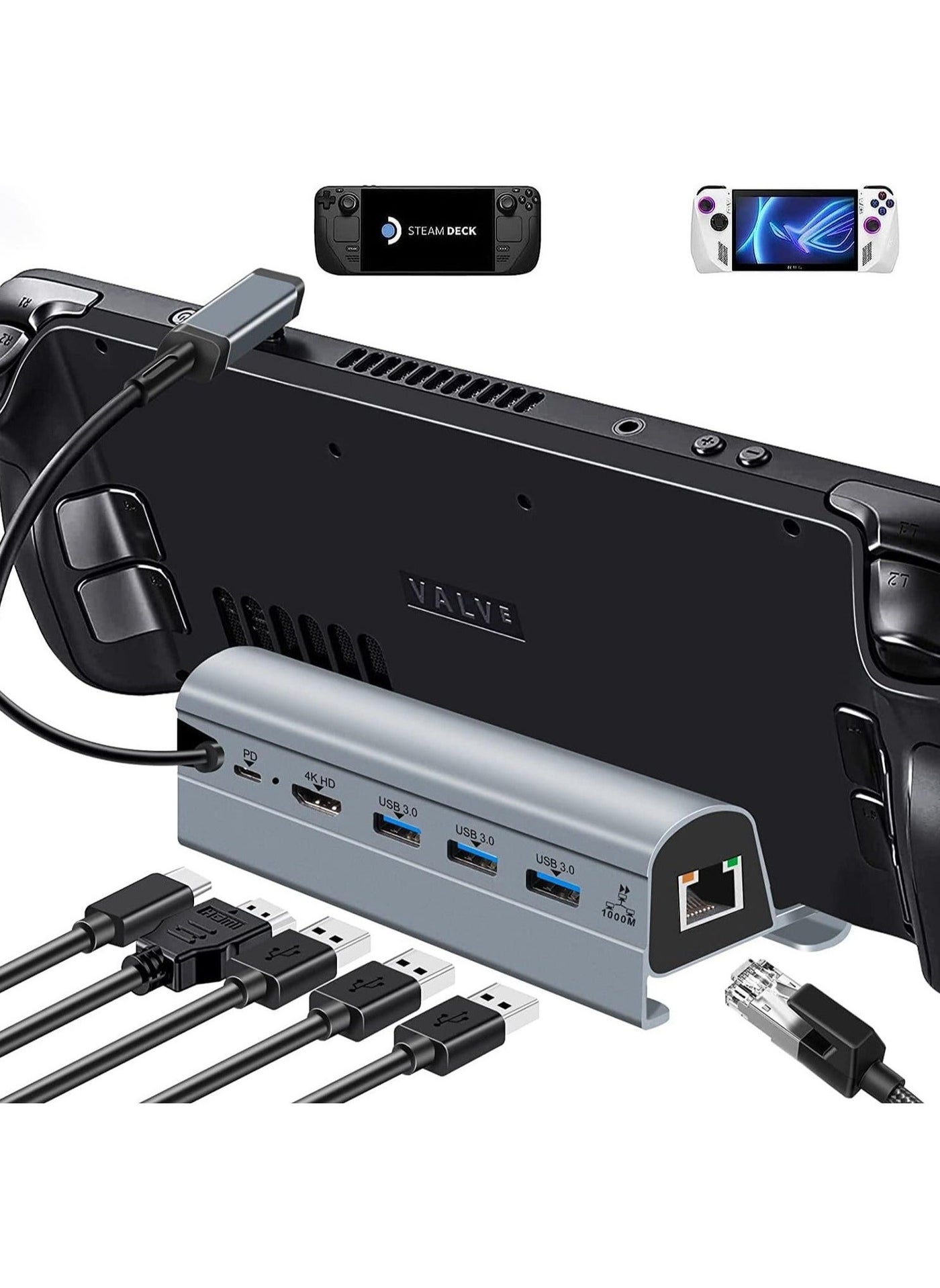 TV Docking Station with 1000M Ethernet for Valve Steam Deck ASUS ROG Ally, T Tersely 6 in 1 Hub Stand with 4K@60Hz HDMI Port, 3 USB 3.0 Ports, PD Charging USB-C Port for Steam Deck/ROG Ally Dock