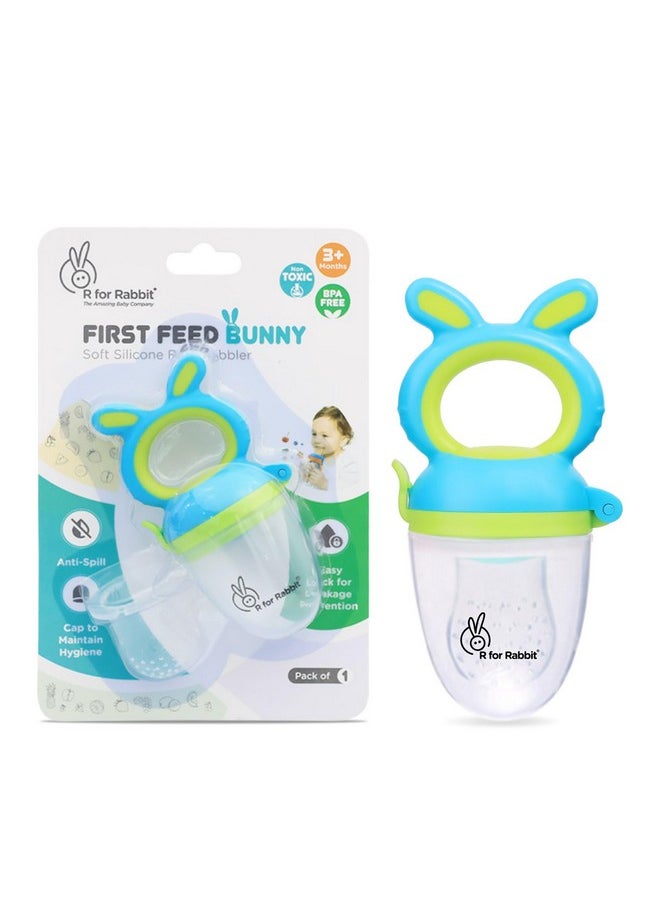 R for Rabbit R for Rabbit First Feed Bunny Nibbler Soft Silicon Chewing Fruit Feeder for Babies | Baby Fruit & Food Veggie Teether |Hygenic & BPA Free | Pacifier for Infant 3+ Months (Green-Blue)  - Image 1
