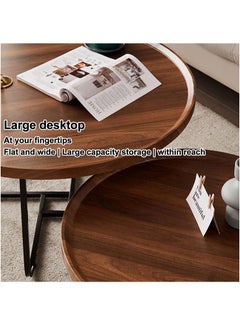 LEDIN Round End Table Set of 2 Industrial Side Table Nesting Set with Rustic Wood Raised Tray Top Edge and Metal Leg Sofa Tables Coffee Table for Living Room Bedroom Farmhouse Hotel Small Space Waln  - Image 5