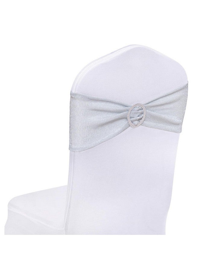 SquarePie Pack Of 50 Silver Chair Sashes Bows Glitter Stretch Chair Cover Band With Buckle Slider Universal Elastic Spandex Chair Ties For Banquet Event Chairs Decor - Image 1