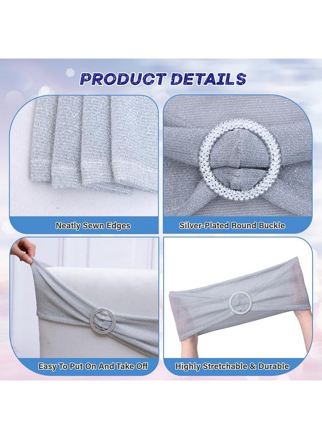 SquarePie Pack Of 50 Silver Chair Sashes Bows Glitter Stretch Chair Cover Band With Buckle Slider Universal Elastic Spandex Chair Ties For Banquet Event Chairs Decor - Image 2