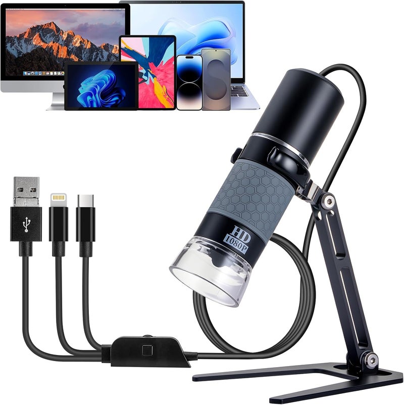 Jiusion 1080p USB Digital Handheld Microscope, 50 to 1000X Magnification Endoscope Full HD 1920 x 1080P Camera 8 LEDs with Metal Stand for iPhone iPad Android Mac Windows Linux Chrome - Image 1